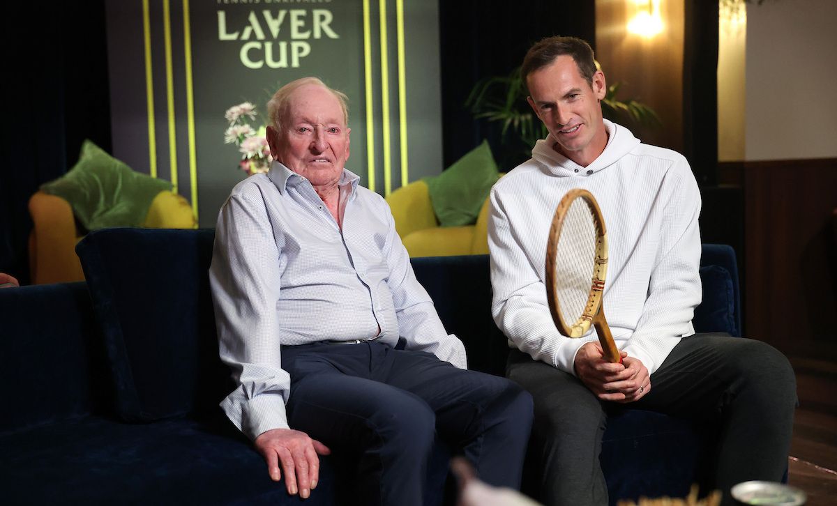 LONDON, ENGLAND - SEPTEMBER 26: Rod Laver and Andy Murray sit down for a chat on day two of Laver Cup 2026 at The O2 on September 26, 2026 in London, England. (Photo by Luke Walker/Getty Images for Laver Cup) Laver Cup 2026 – Day 2