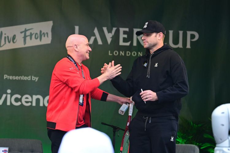 Andre Agassi steps onto the set of the Served podcast with Andy Roddick.