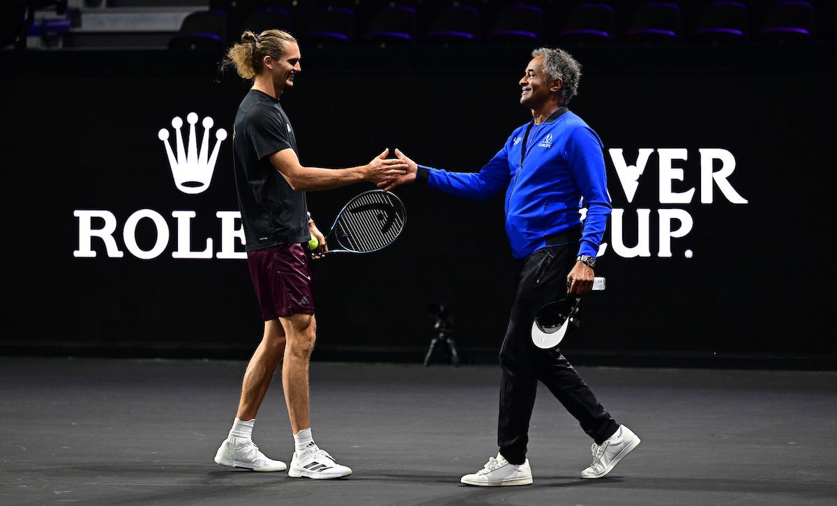 Alexander Zverev greets Team Europe captain Yannick Noah.