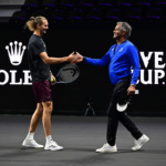 Alexander Zverev greets Team Europe captain Yannick Noah.