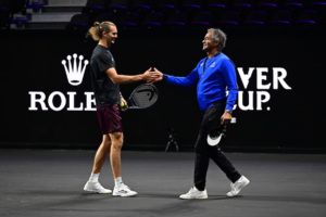 Alexander Zverev greets Team Europe captain Yannick Noah.