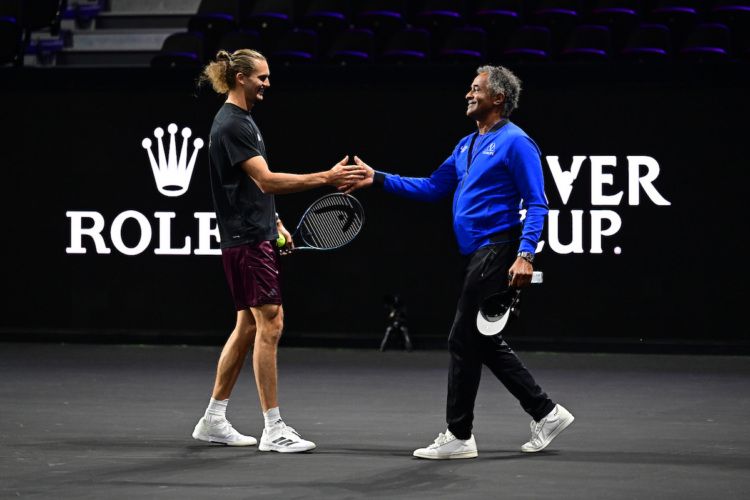 Alexander Zverev greets Team Europe captain Yannick Noah.