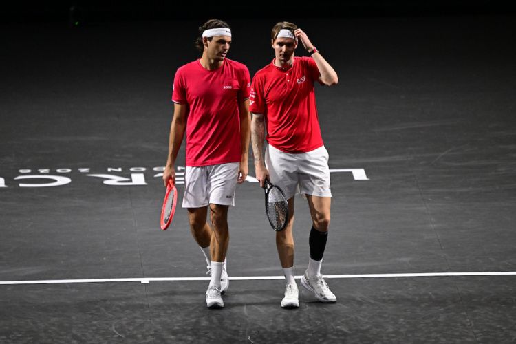 Alexander Bublik (right) teamed with Taylor Fritz in Friday night's doubles, straight after playing his first Laver Cup match in singles against Rafael Jodar.