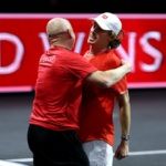 Andre Agassi embraces De Minaur, after his sensational victory over Zverev.