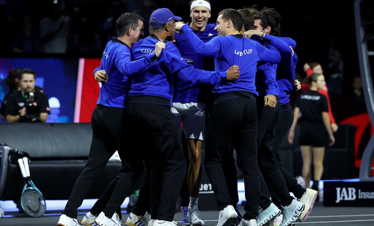 Team Europe players and captains get around Zverev. Team Europe players and captains get around Zverev.