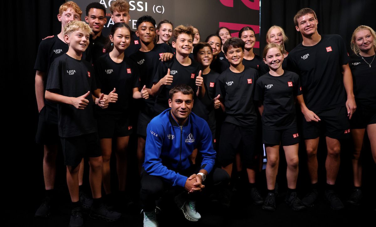 LONDON, ENGLAND - SEPTEMBER 25: Ballkids table tennis with Flavio Cobolli of Team Europe on day one of Laver Cup 2026 at The O2 on September 25, 2026 in London, England. (Photo by Julian Finney/Getty Images for Laver Cup) Laver Cup 2026 – Day 1