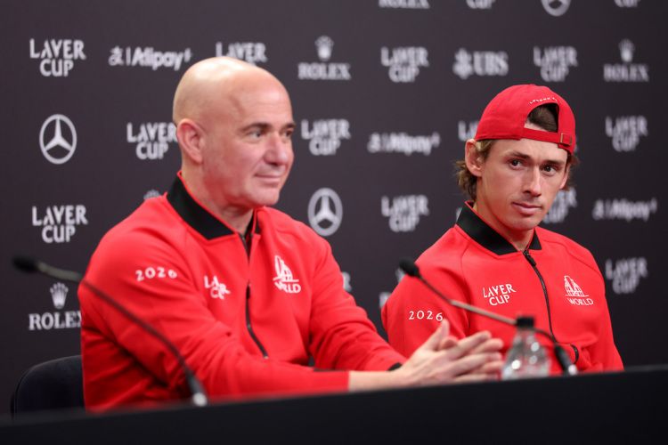 Team World captain Andre Agassi with one of his key team members, Alex de Minaur, who is undefeated in Laver Cup singles.